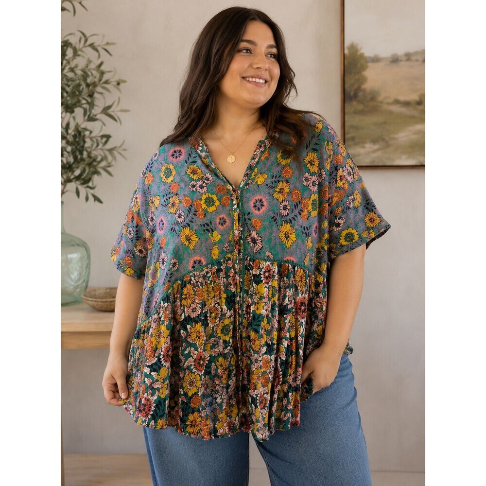 Anthropologie Akemi + Kin Tunic Top XL Floral Babydoll Button Up Boho Flowy